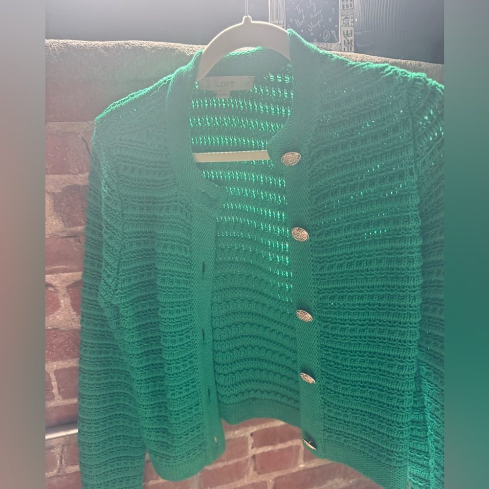 LOFT Green Cardigan Sweater with Textured Knit